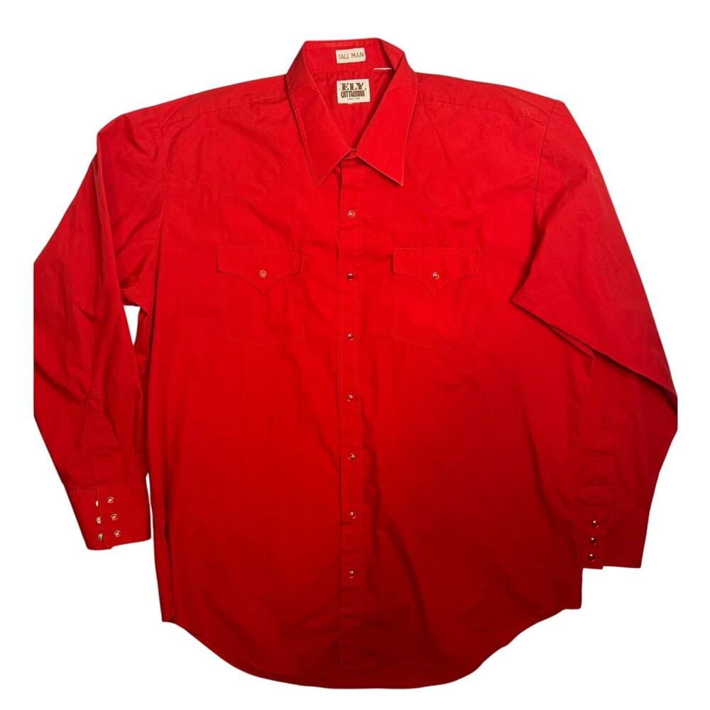 Vintage Ely Cattleman Pearl Snap Western Shirt Men's Tall Red Long Sleeve Cowboy